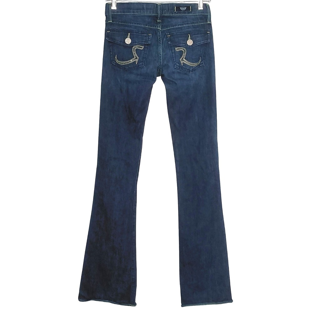 Y2K Rock & Republic Flare Jeans Women Size 24 Dark Wash Neon Green Stitching‎